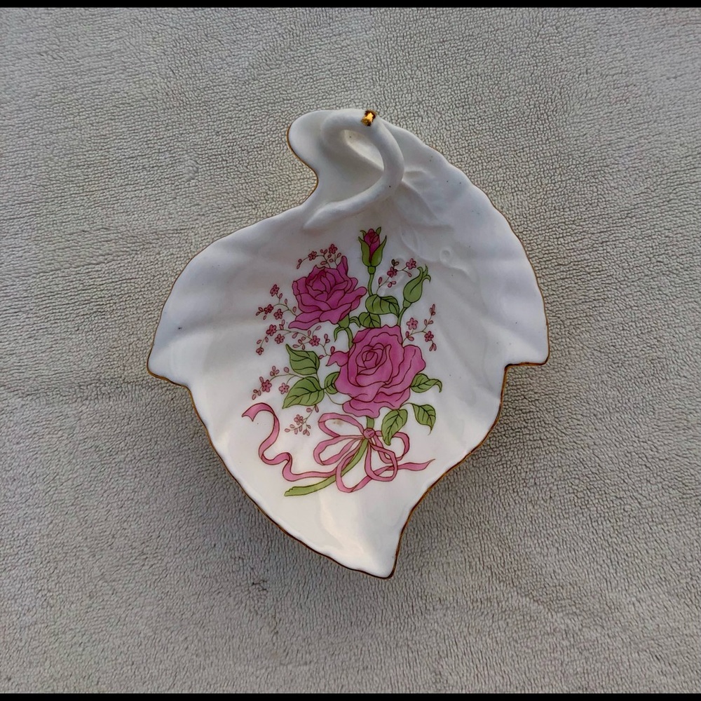 Cottagecore Vintage Trinket Tray Pink Roses Floral Handle